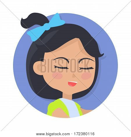 Girl with black pigtail and blue bow avatar userpic. Speaking young person with close eyes. Girl in round button. Portrait of nice female person in green-blue t-shirt. Simple cartoon style. Vector