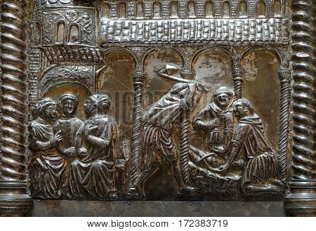 ZAGREB, CROATIA - APRIL 13: Bass relief with images from the life of St. Simeon, Saint Simeons chest at the atrium of Croatian Academy of Sciences and Arts in Zagreb, on April 13, 2016.