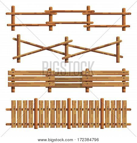 Different seamless wooden fances designes on white background. Element for your design. Modern flat style. Isolated vector illustration.