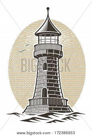 lighthouse engraving vector illustration on white background