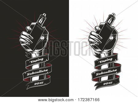 Hand with electronic cigarette, Vintage illustration, Vaping illustration.