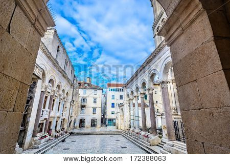 Scenic view at ancient square Peristil in marble touristic destination Split in Croatia, european travel places.