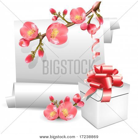 Vector rotolo primavera regalo con fioritura quince e presenti.