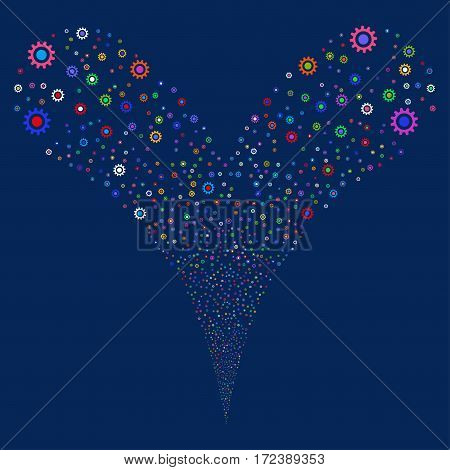 Cogwheel fireworks stream. Vector illustration style is flat bright multicolored iconic symbols on a blue background. Object double fountain combined from random icons.