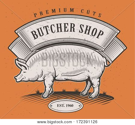 Color butcher shop vintage logo. All elements - pig,flag,text on the separate layer.