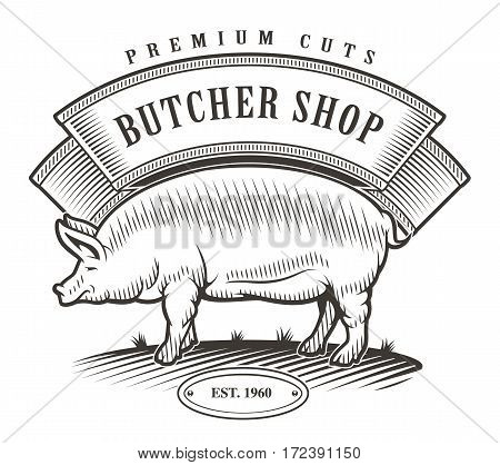 Monochrome butcher shop vintage logo. All elements - pig,flag,text on the separate layer.
