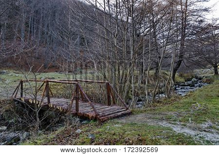 Mountain landscape with  river and interesting wooden bridge in forest, Vitosha mountain, Bulgaria