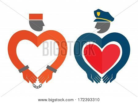 Vector illustration with policeman and prisoner. Concept of love. Template for Valentine's day