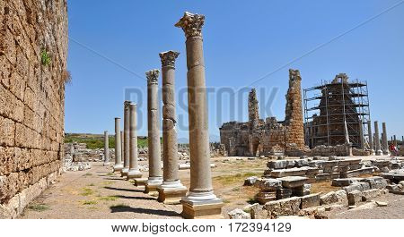 Ruins of the ancient anatolian city Perge (Perga) in Turkey.