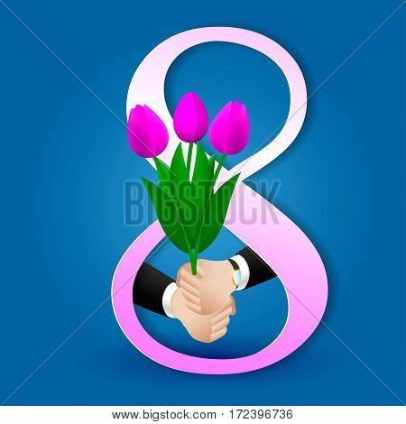 bouquet of tulips in hand on blue background for congratulation with global women's day