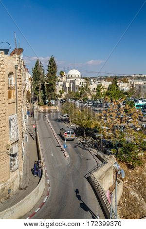 JERUSALEM ISRAEL - DECEMBER 8: Cityscape of Jerusalem view of the Hurva Synagogue from wall of the Old City in Jerusalem Israel on December 8 2016