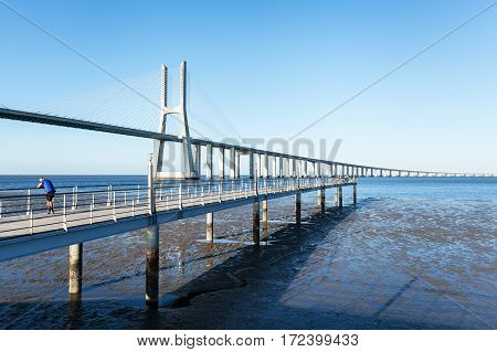 Vasco da Gama bridge in Lisbon, Portugal. Photo afternoon on a sunny day