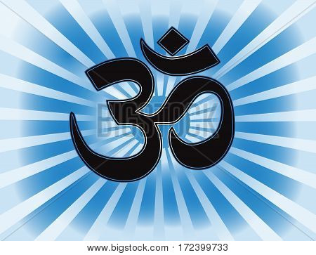 The most important symbol in Hinduism - Om. Gradient blue background, blue sun rays, vector