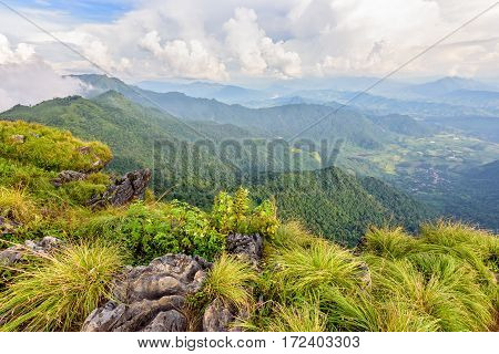 Beautiful landscape nature high mountain forest and sky of the Phi Pan Nam Range during winter from viewpoint Phu Chi Fa Forest Park in Chiang Rai Province Thailand