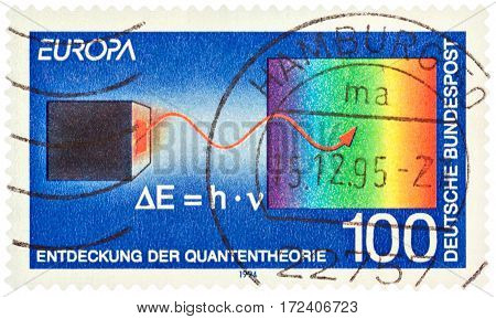 MOSCOW RUSSIA - February 20 2017: A stamp printed in Germany shows the Discovery of Quantum theory by Max Planck circa 1994
