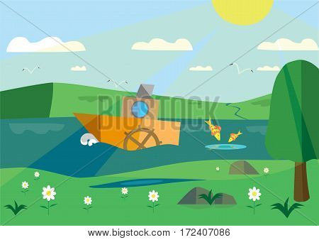 Summer landscape with a ship drawing and fishes