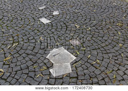 MUNICH, GERMANY - OCTOBER 31, 2015: White Rose memorial with leaflets in front of the main building of the Ludwig Maximilians University in Munich to remember the student group White Rose that formed an active opposition against the Nazi regime