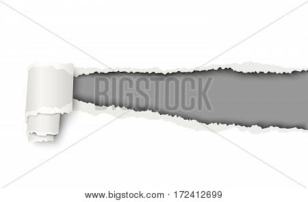 Vector snatched hole in white sheet of paper with soft shadow and dark grey background in the resulting window