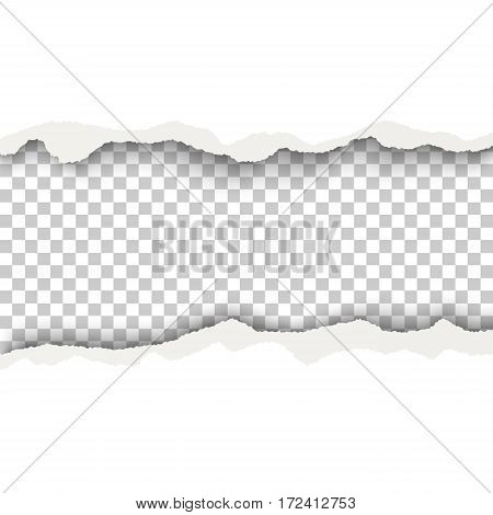 Snatched hole with torn edges in white sheet of paper. Transparent checkered background of the resulting window.Template design.