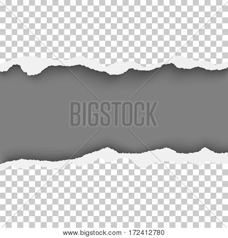 Snatched hole with torn edges in sheet of paper placed on transparent. Dark grey background of the resulting window.Template design.