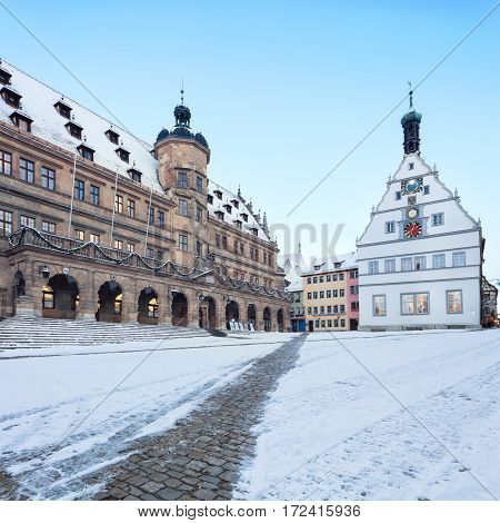 Amazing winter on Market square of Rothenburg ob der Tauber, Middle Franconia, Bavaria, Germany