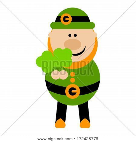 Funny cartoon leprechaun holding two green clovers