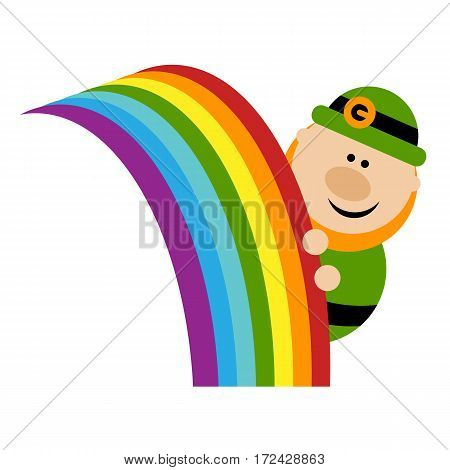 Funny cartoon leprechaun peeks out from the rainbow