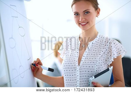 Businesswoman writing on flipchart while giving presentation to colleagues in office .