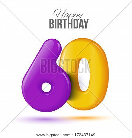 sixty birthday greeting card template with 3d shiny number sixty balloon on white background. Birthday party greeting, invitation card, banner with number 60 shaped balloon