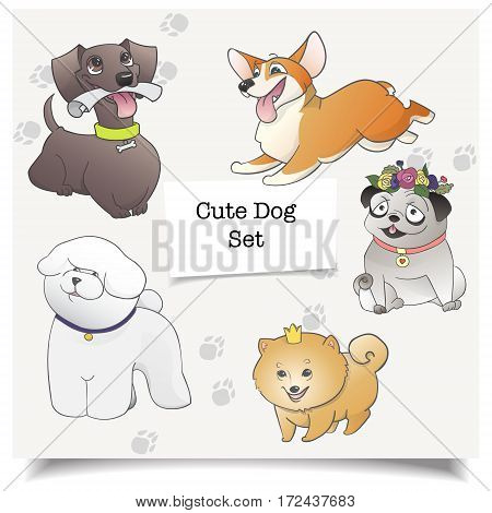 Vector of cartoon dogs. Different dog breeds isolated with pawprint. Cartoon illustration of dog characters