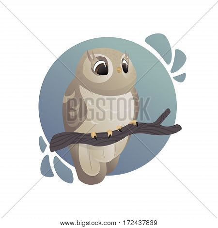Vector cartoon art. Forest animals. Nightlife. Beautiful owl with big eyes sitting on tree branch
