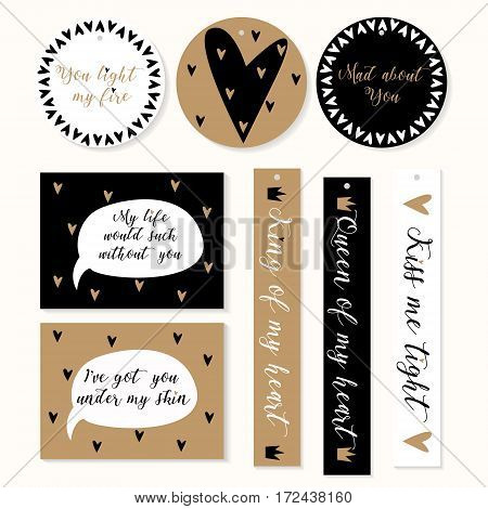 Set of Valentine's card with romantic phrases isolated with bright and dark hearts on white