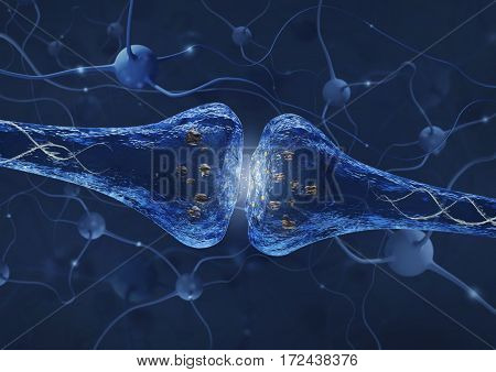 Synapse process over neuron connection background - 3D rendering