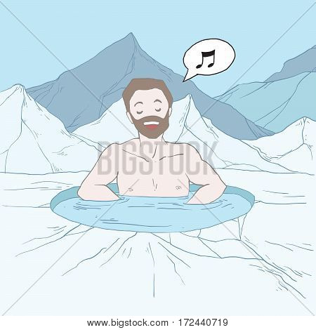 Man relaxed in ice hole taking a bath
