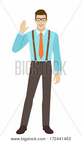 Businessman greeting someone with his hand raised up. A man wearing a tie and suspenders. Full length portrait of businessman in a flat style. Vector illustration.