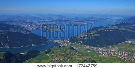 Lake Vierwaldstattersee and Lucerne in summer. View from mount Stanserhorn.