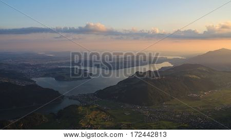 View from mount Stanserhorn lake Vierwaldstattersee at sunrise.