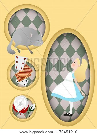 Book illustration. Alice in Wonderland. Cheshire cat, white rose cards