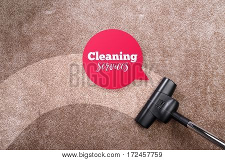 Vacuuming carpet with vacuum cleaner. Cleaning services speech bubble. Housework service. Close up of the head of a sweeper cleaning device.
