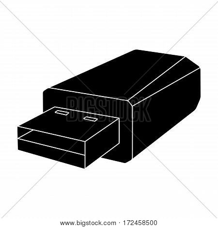 USB flash drive icon in black design isolated on white background. Personal computer accessories symbol stock vector illustration.