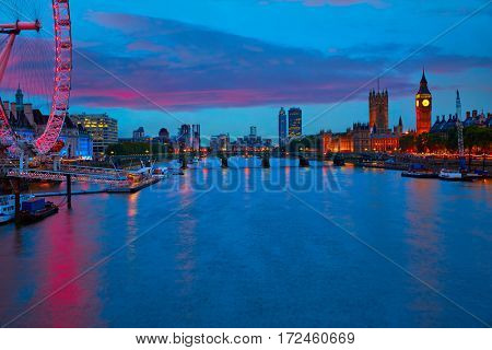 London sunset skyline Bigben and Thames river