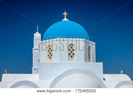The dome of the Orthodox church of Pyrgos. One of the most important countries of Santorini.