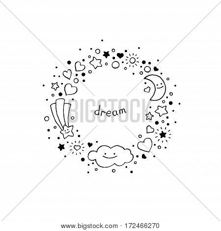 Black and white abstract background in hand-drawn style. Round frame with cloud stars hearts comet and crescent moon. Vector illustration.