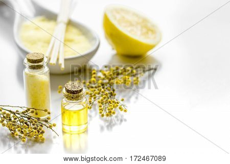 Cosmetic set for spa with organic aroms oils and sea salt for bath on white background mock-up
