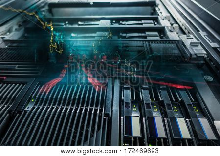 Bottom View Network Equipped And Data Server With Led Lights Flashing For Business Background