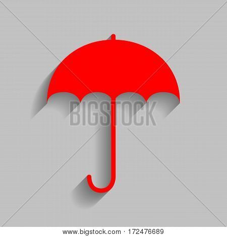 Umbrella sign icon. Rain protection symbol. Flat design style. Vector. Red icon with soft shadow on gray background.