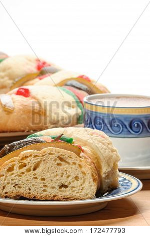 Chocolate cup with Epiphany cake, Kings cake or Rosca de reyes