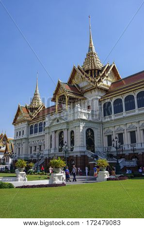 Bangkok, Thailand - July 25, 2010: Roayl Great (Grand) Palace Buddhist temple with famous green tree gardens in center of Bangkok Thailand