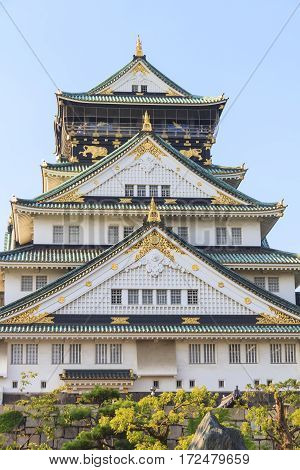 Osaka Castle during summer season this castle is very famous historic tourist attraction of Osaka Japan.