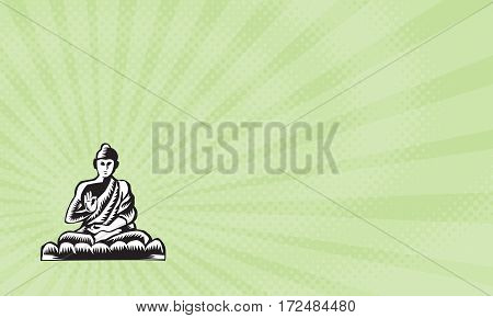 Business card showing Illustration of a Gautama Buddha Siddhartha Gautama Shakyamuni Buddha in lotus position viewed from front set on isolated white background done in retro woodcut style.